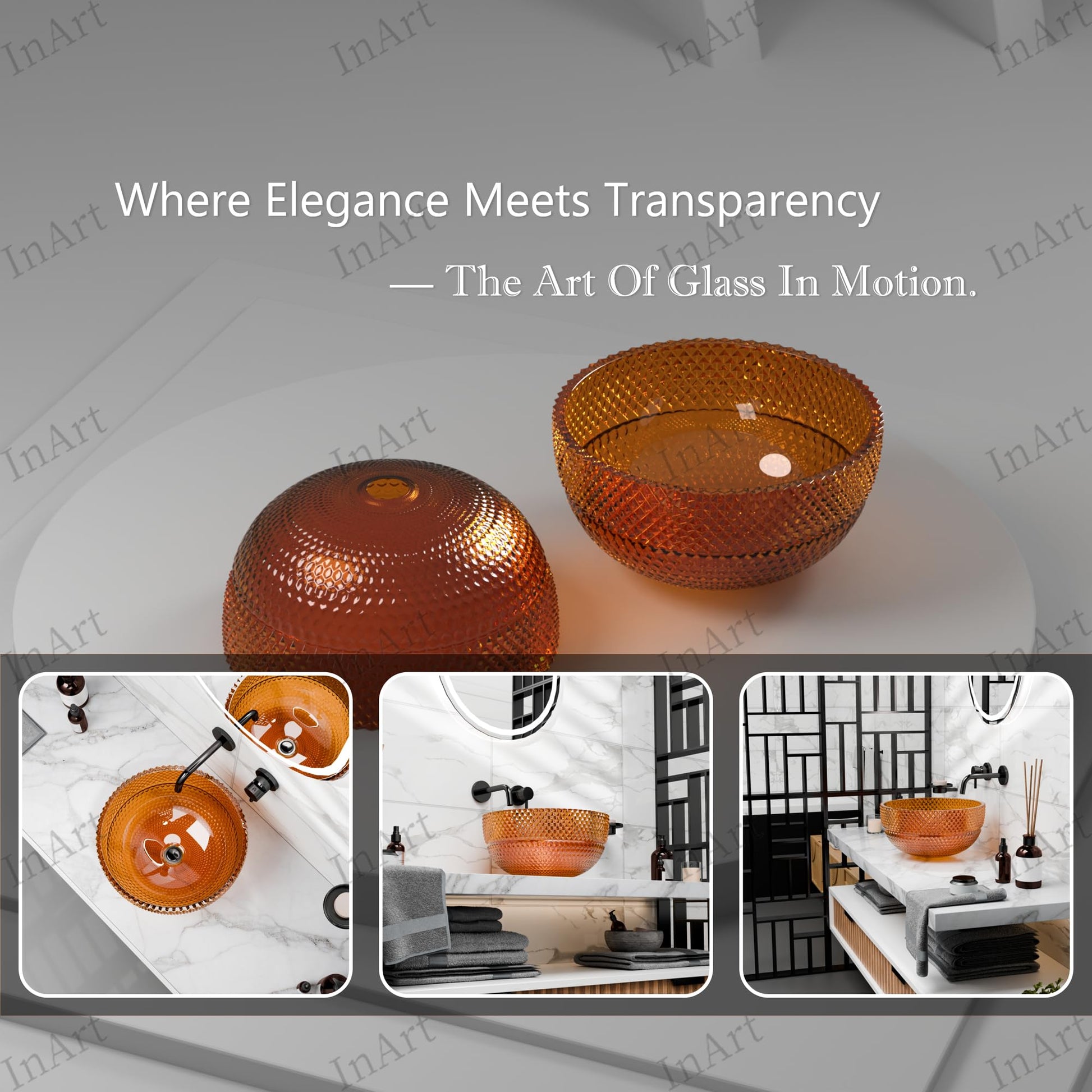 InArt circular amber glass wash basin, modern table top sink