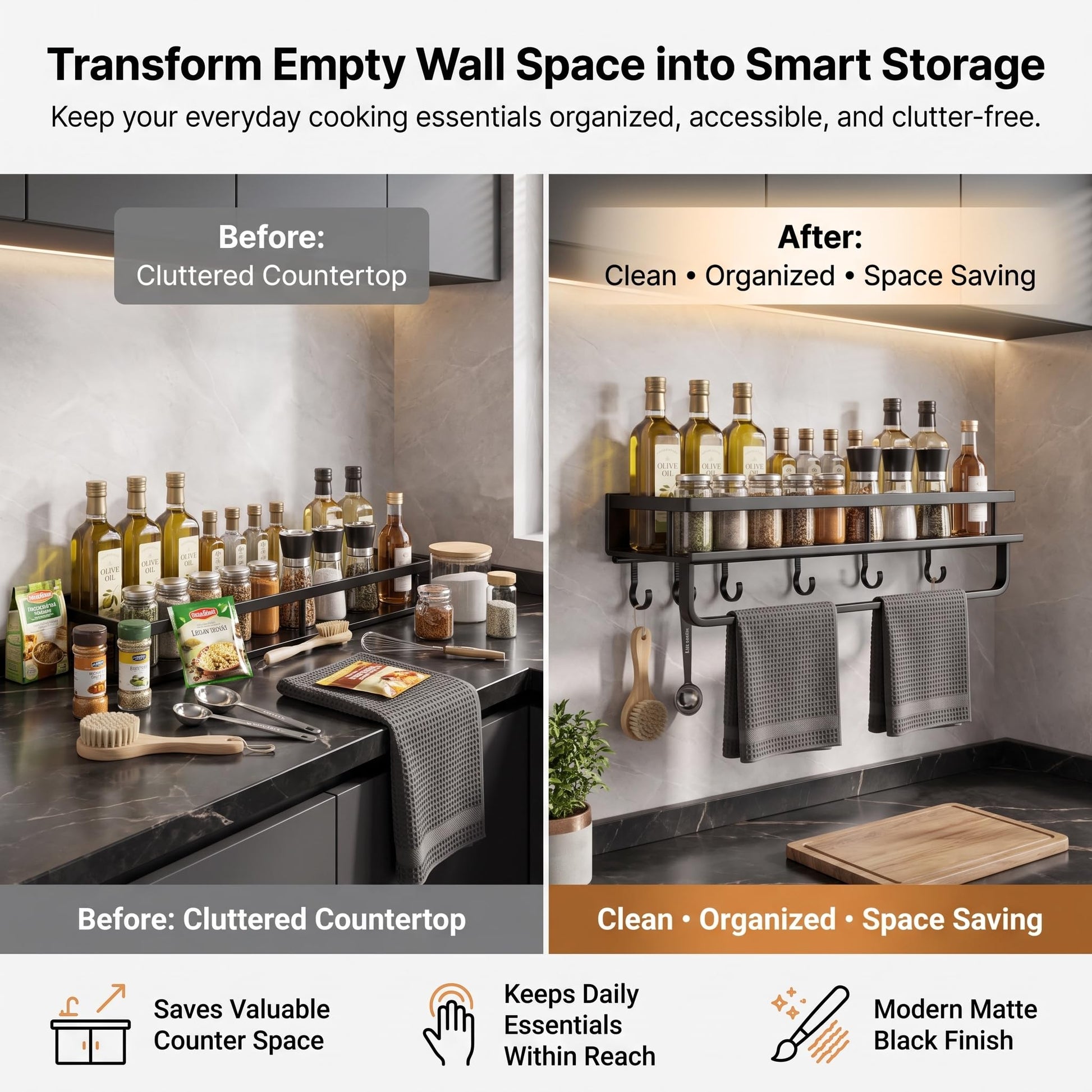 Multi-purpose wall shelf setup for bathroom toiletries and small towels