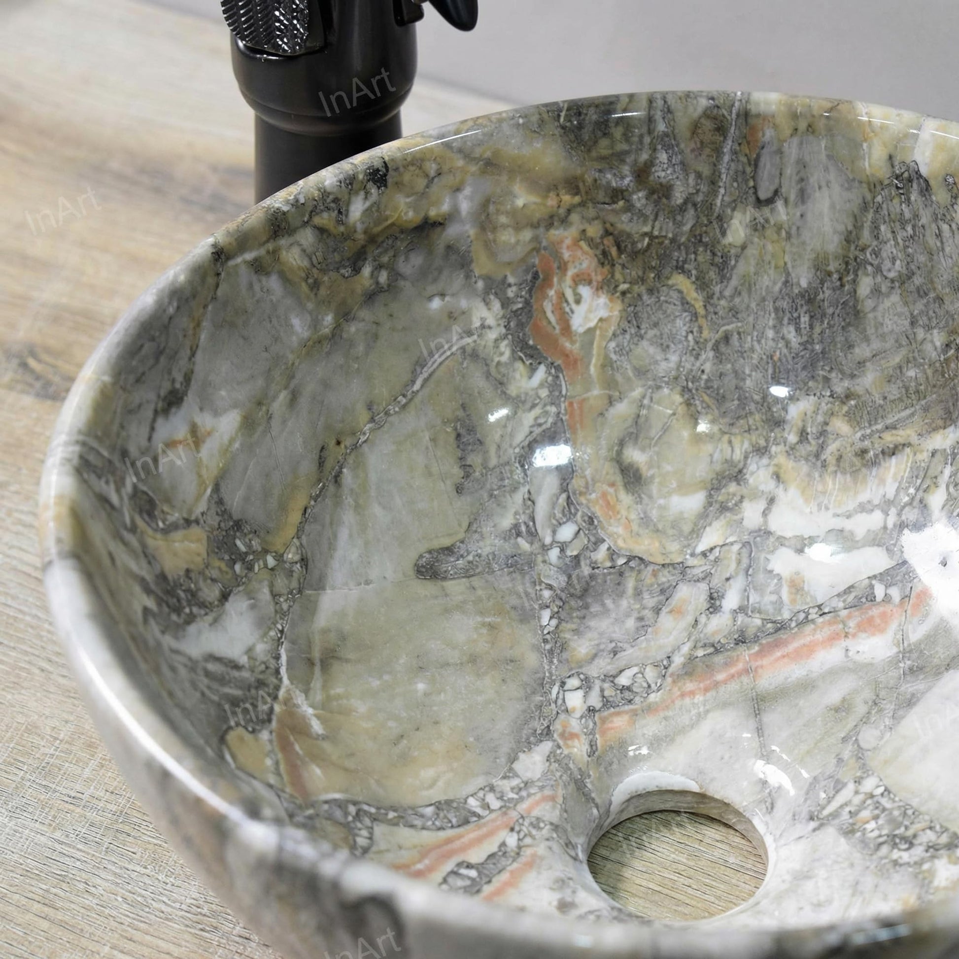 InArt table top wash basin counter design for modern bathroom, round ceramic green marble basin with tap hole