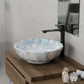 Close-up of InArt ceramic wash basin designs, glossy light blue round rim and smooth glaze detail