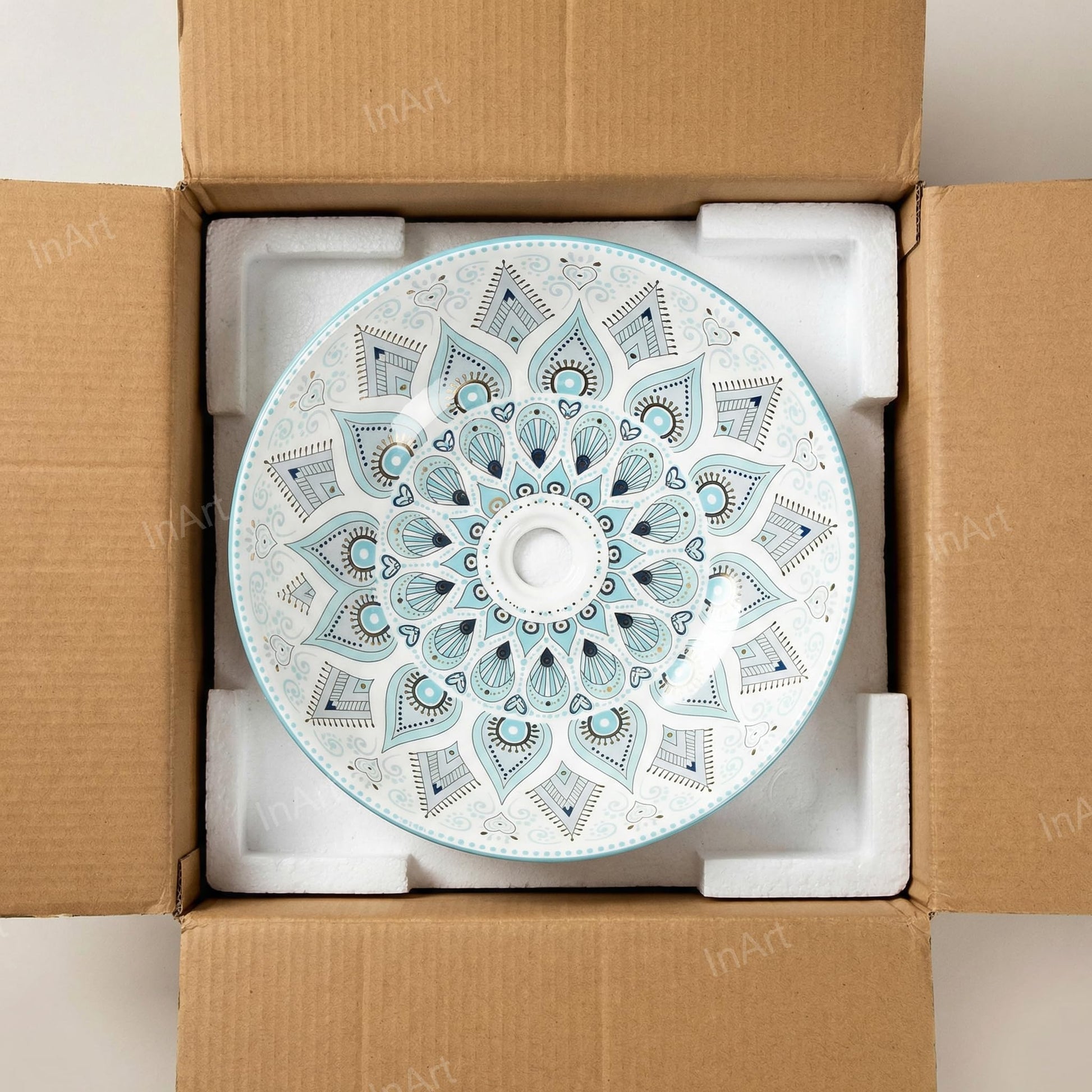 Table top basin tap design pairing, round light blue glossy ceramic wash basin with tap hole detail