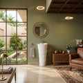Ceramic wash basin with stand for compact washroom, glossy white round pedestal base, close-up