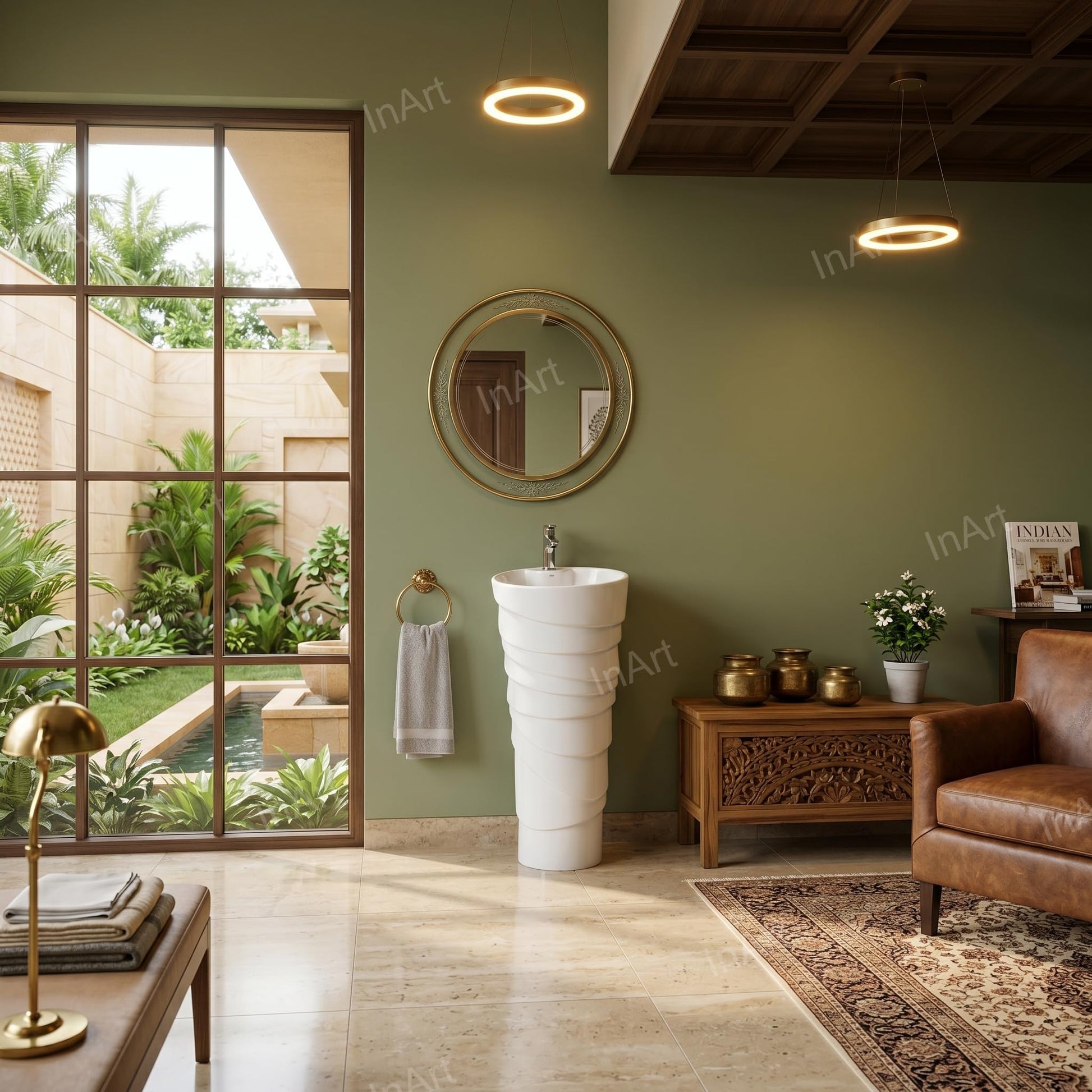 Ceramic wash basin with stand for compact washroom, glossy white round pedestal base, close-up