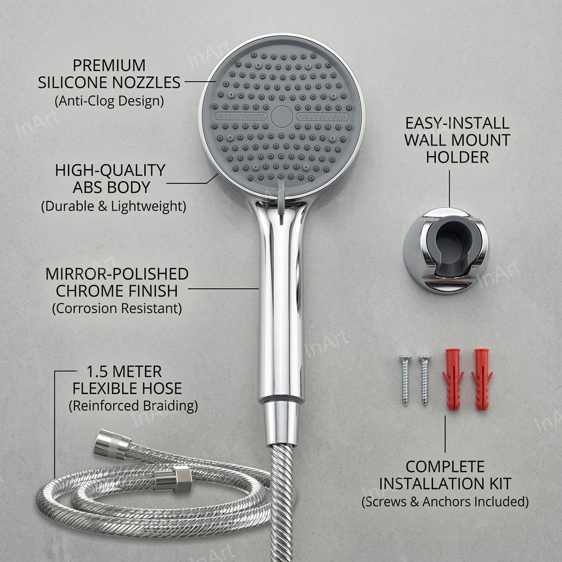 InArt hand shower for bathroom, ABS round 5-function chrome finish set with 1.5m tube and wall hook