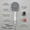 Chrome hand shower set for bathroom, round ABS 5-mode handset with flexible hose, angled view