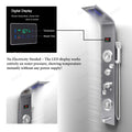 Bathroom shower panel with massage jets, side angle showing body jet layout and handheld shower connection