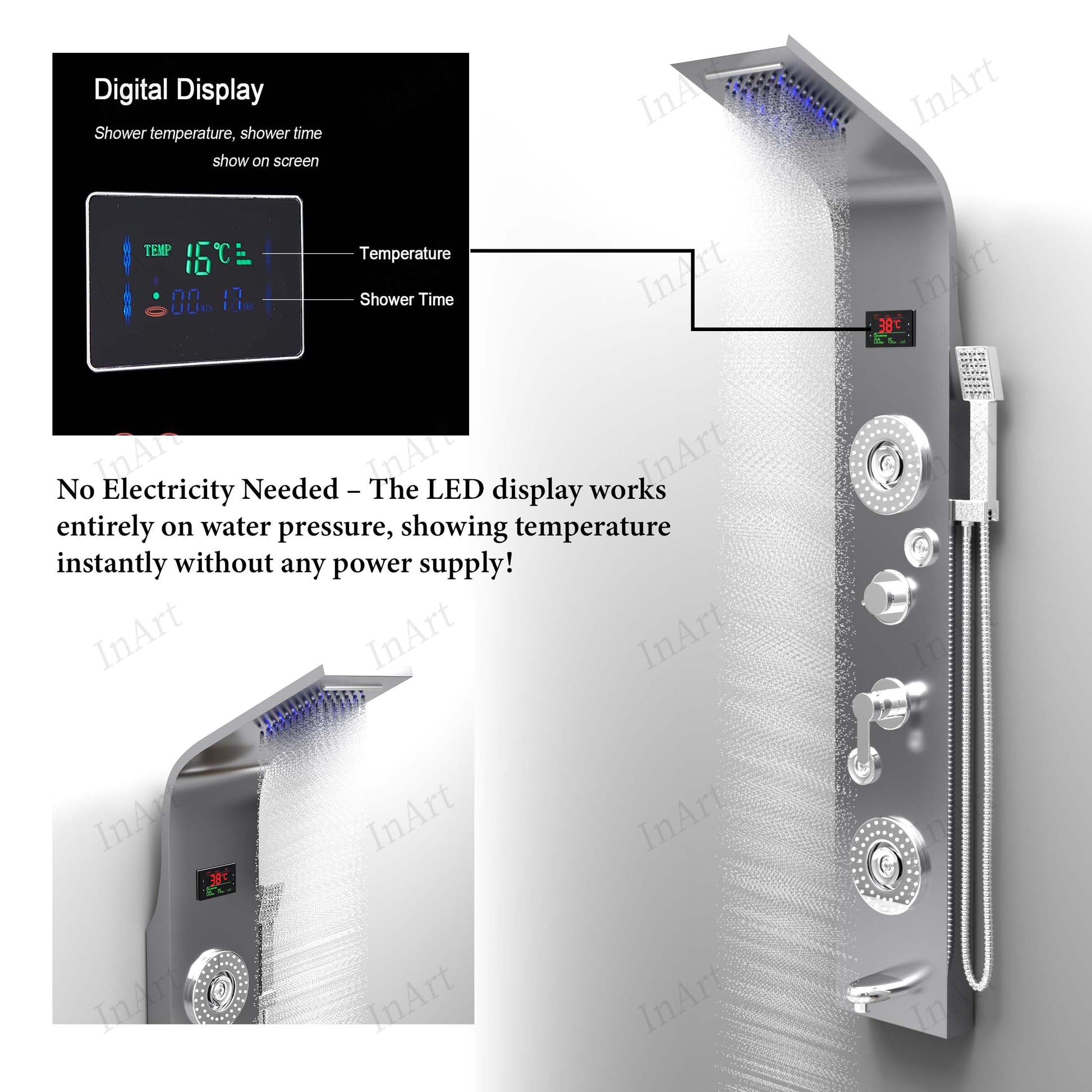 Bathroom shower panel with massage jets, side angle showing body jet layout and handheld shower connection
