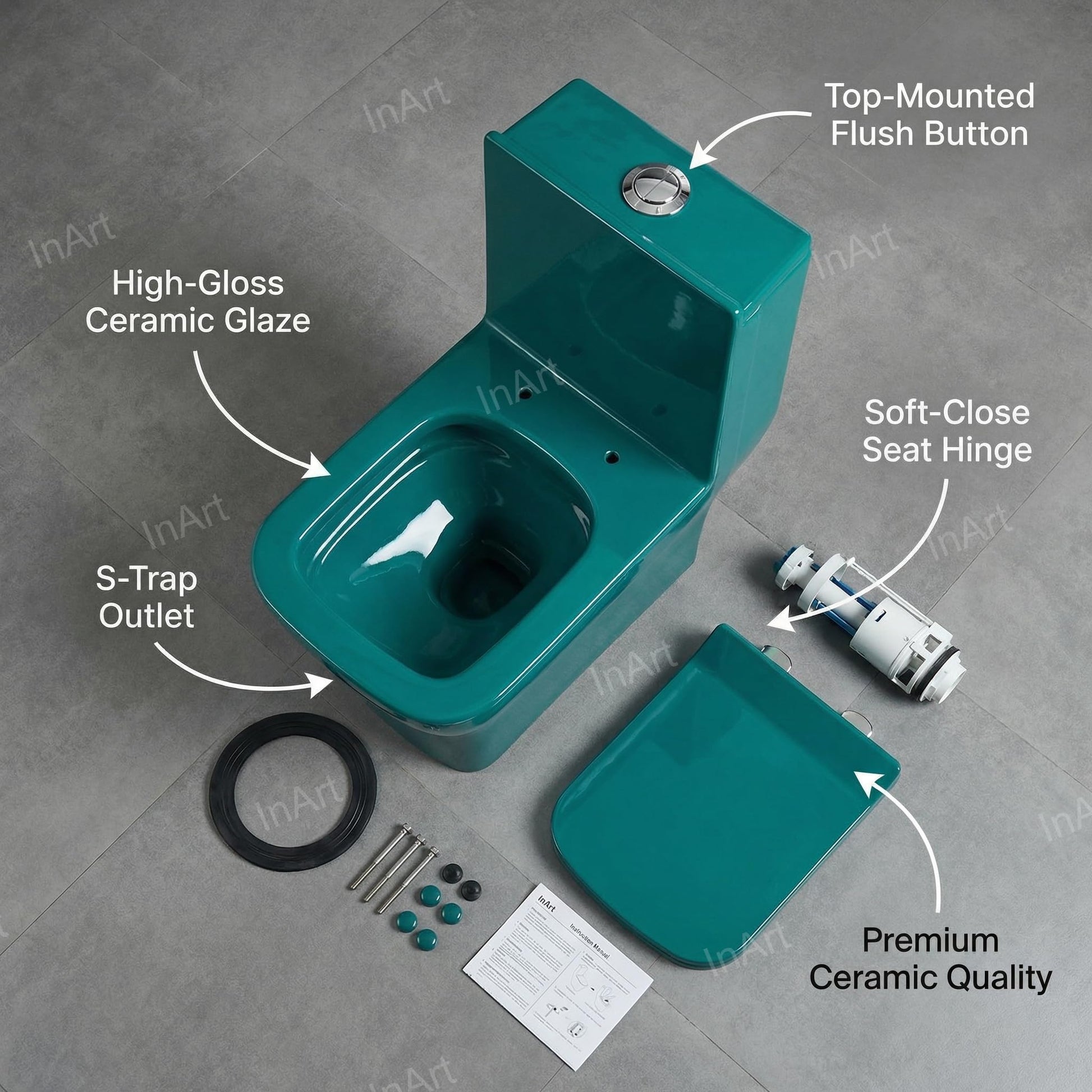 Green ceramic one piece western commode, floor mounted rectangular design, 3/4 angle view for modern bathroom