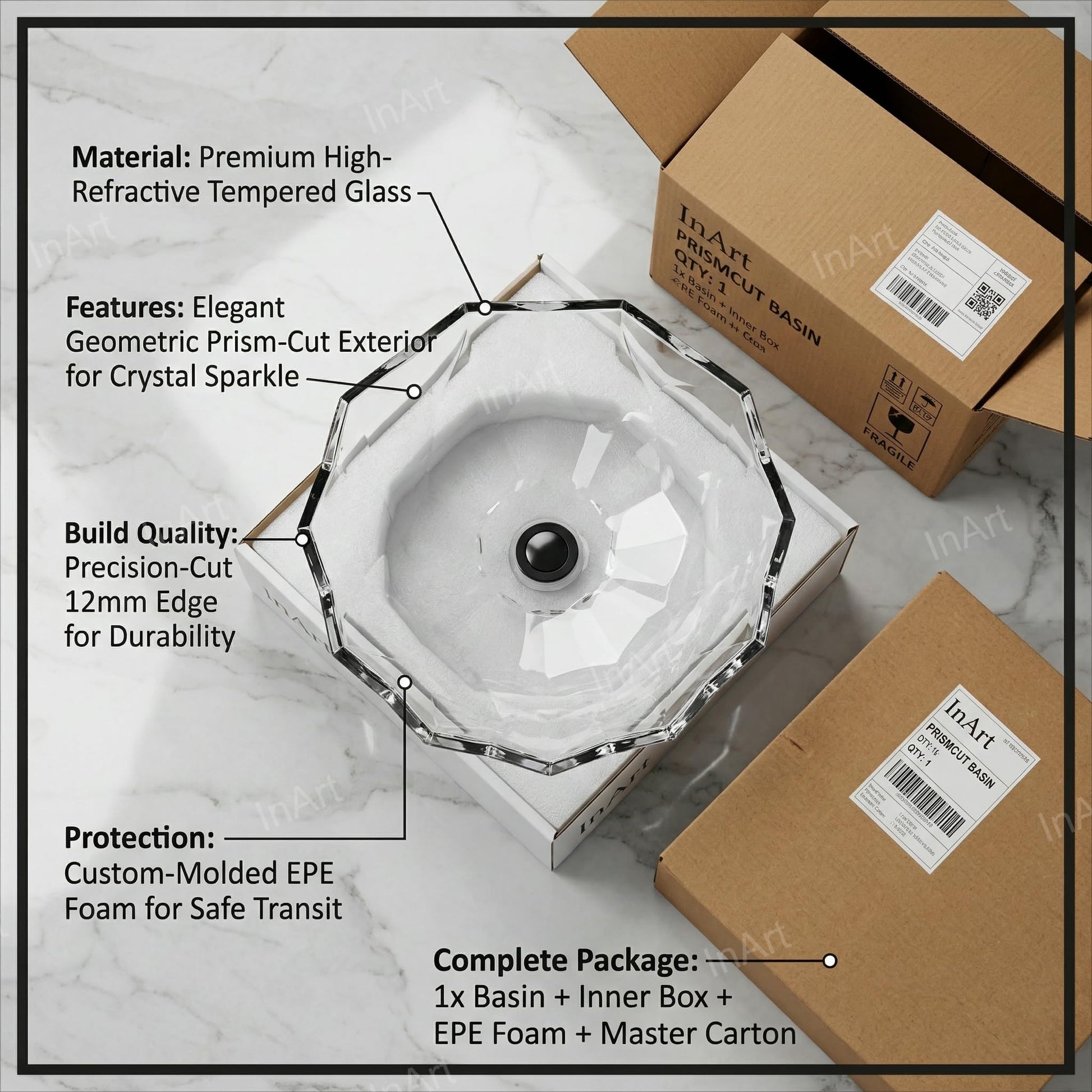 InArt designer bathroom sink in clear glass, square PrismCut tabletop wash basin angled view
