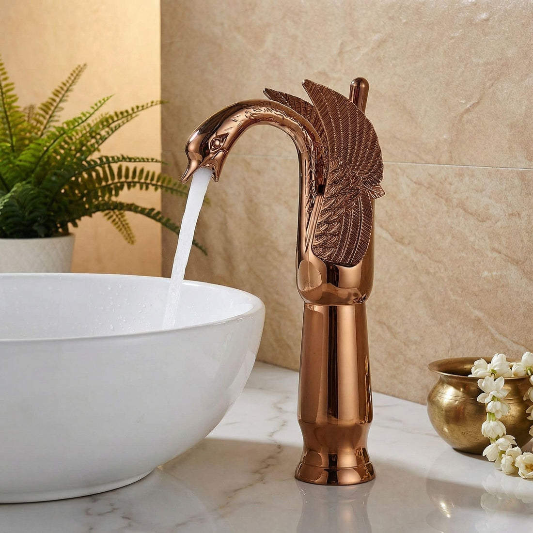 InArt single lever basin mixer in rose gold brass swan neck high neck tap for wash basin, main view