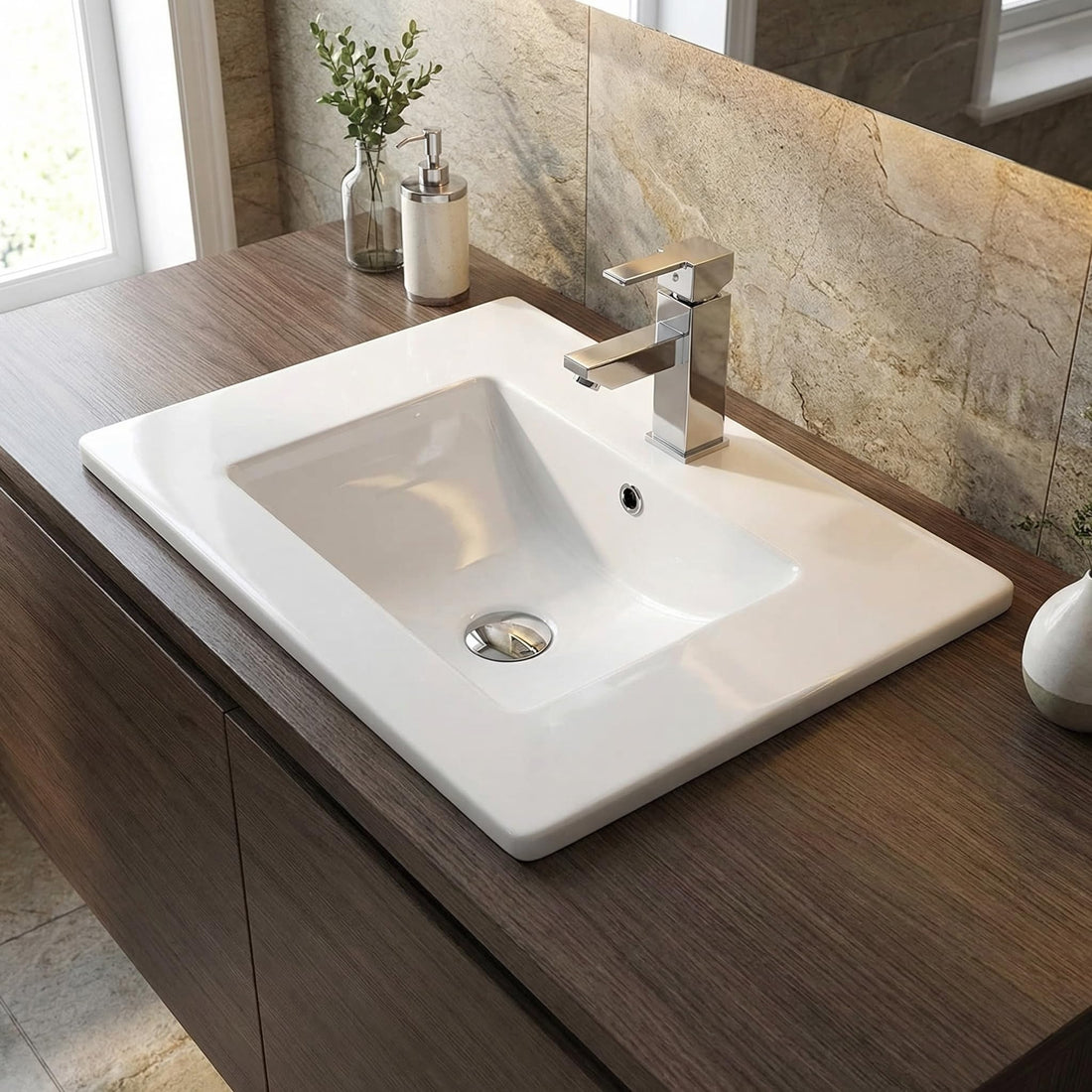 Cera under counter wash basin InArt ceramic rectangular sink in glossy super white, main front view