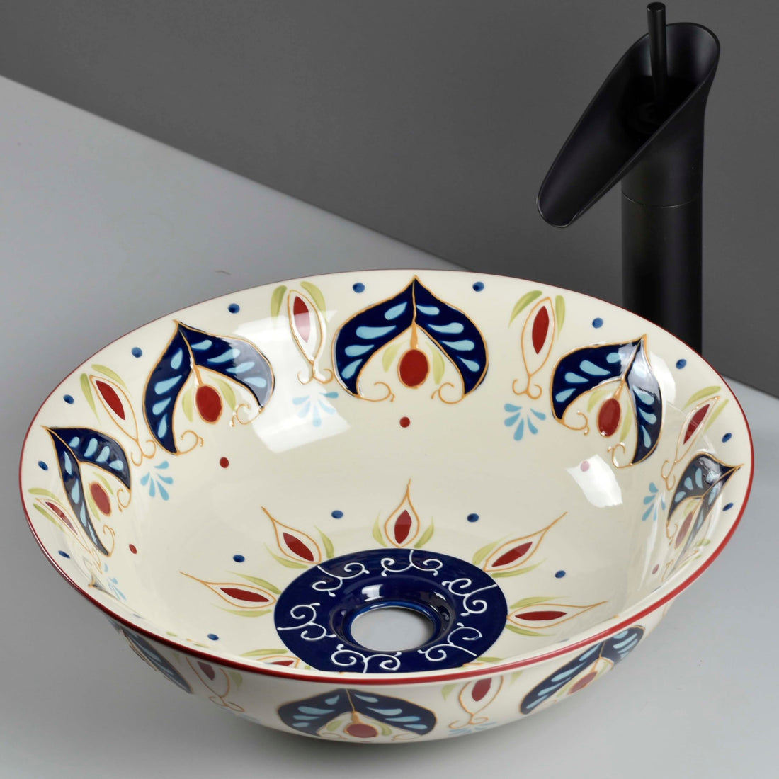 InArt ceramic table top wash basin design, round 42cm art beige blue, main front view