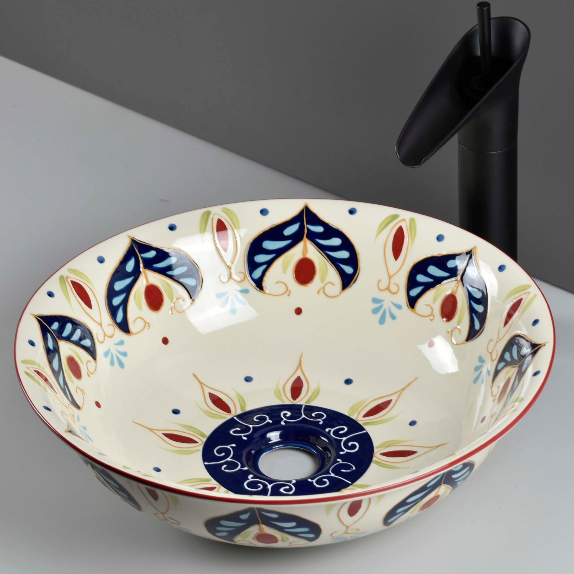 InArt ceramic table top wash basin design, round 42cm art beige blue, main front view