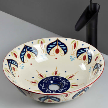 InArt ceramic table top wash basin design, round 42cm art beige blue, main front view