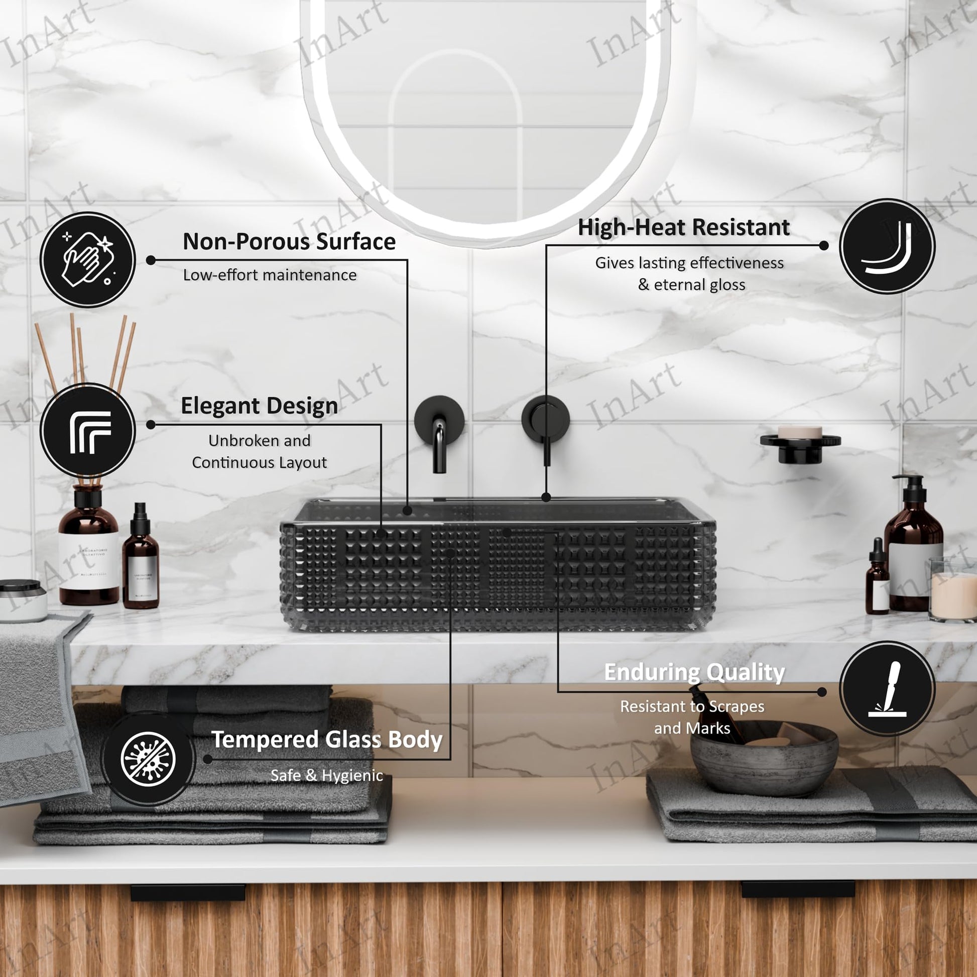 Black table top wash basin by InArt, glass finish, modern design