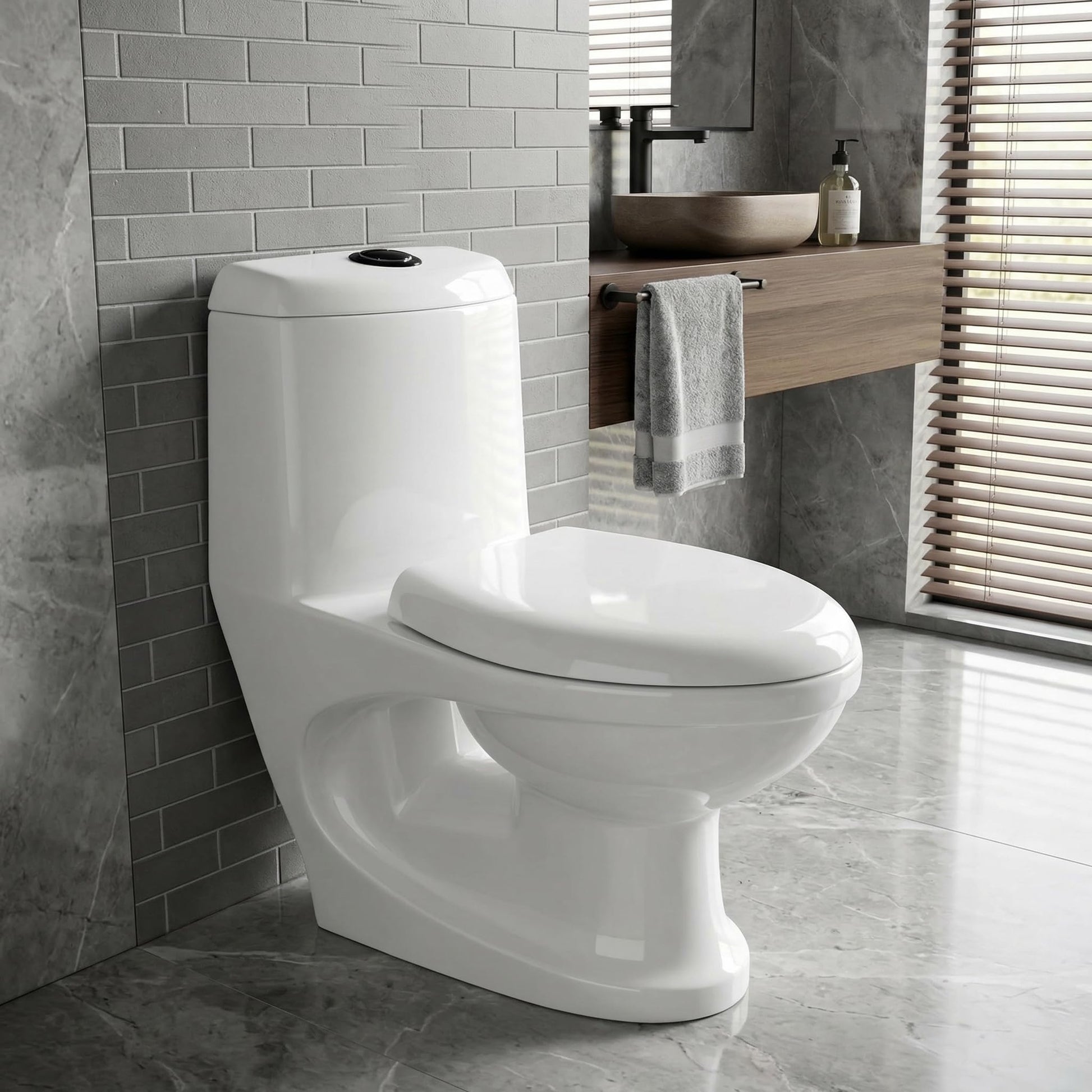 InArt single piece commode in glossy white ceramic, square one piece western toilet front view
