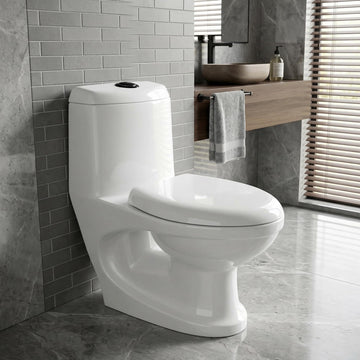 InArt single piece commode in glossy white ceramic, square one piece western toilet front view