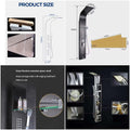 Black shower column, right angle view showing handheld shower, mixer controls and glass shelf mirror