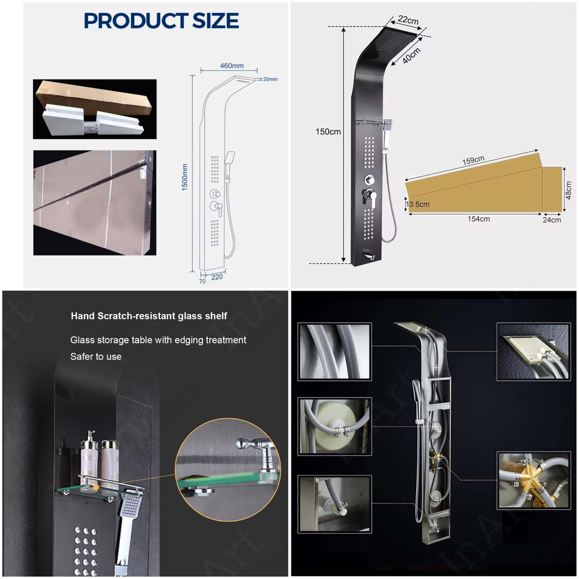 Black shower column, right angle view showing handheld shower, mixer controls and glass shelf mirror