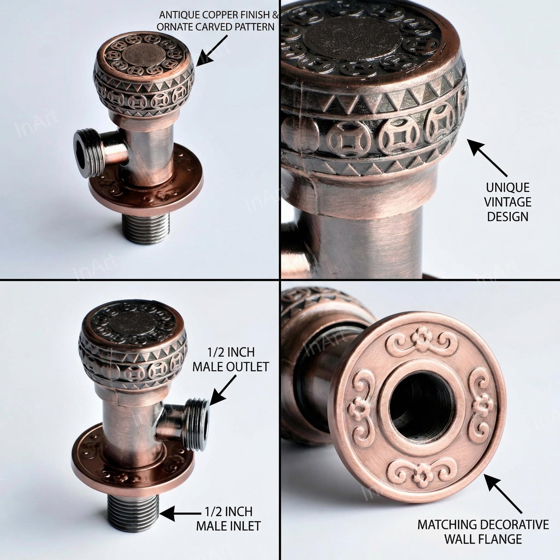Zinc angle valve for bathroom fittings in antique brass finish, heavy duty stop cock, angled view