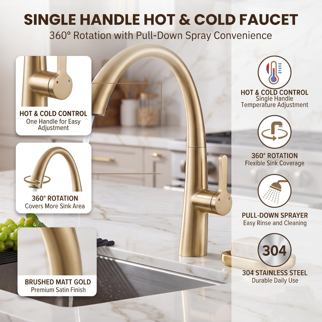 Brushed gold pull-down kitchen wash basin mixer tap with single lever control