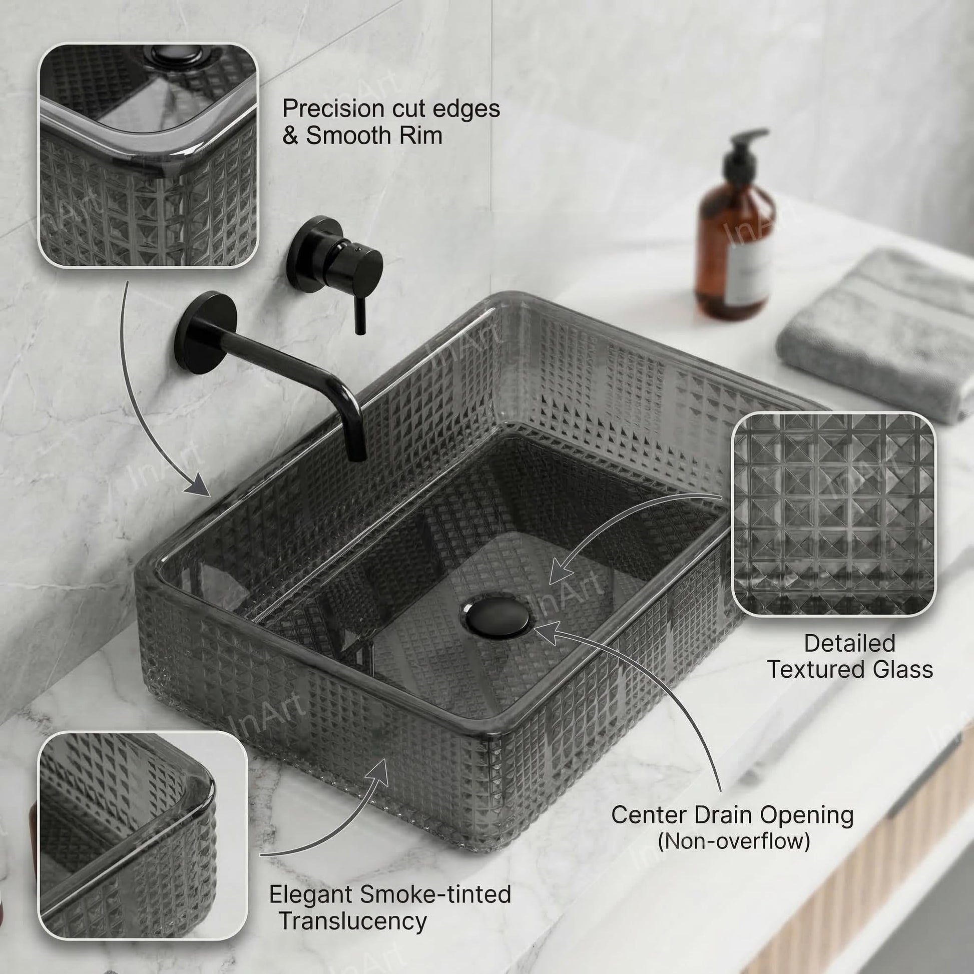 Designer matte black wash basin in glass, table top rectangular sink, side angle