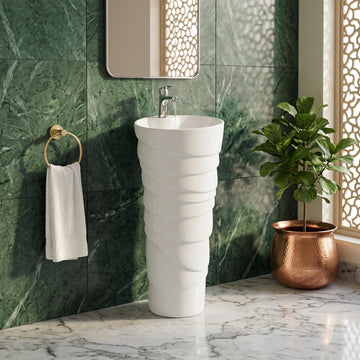 InArt free standing wash basin in glossy white ceramic, round one piece pedestal, front view