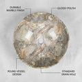 Designer table top basin design in green marble glossy ceramic, round over counter wash basin angled view