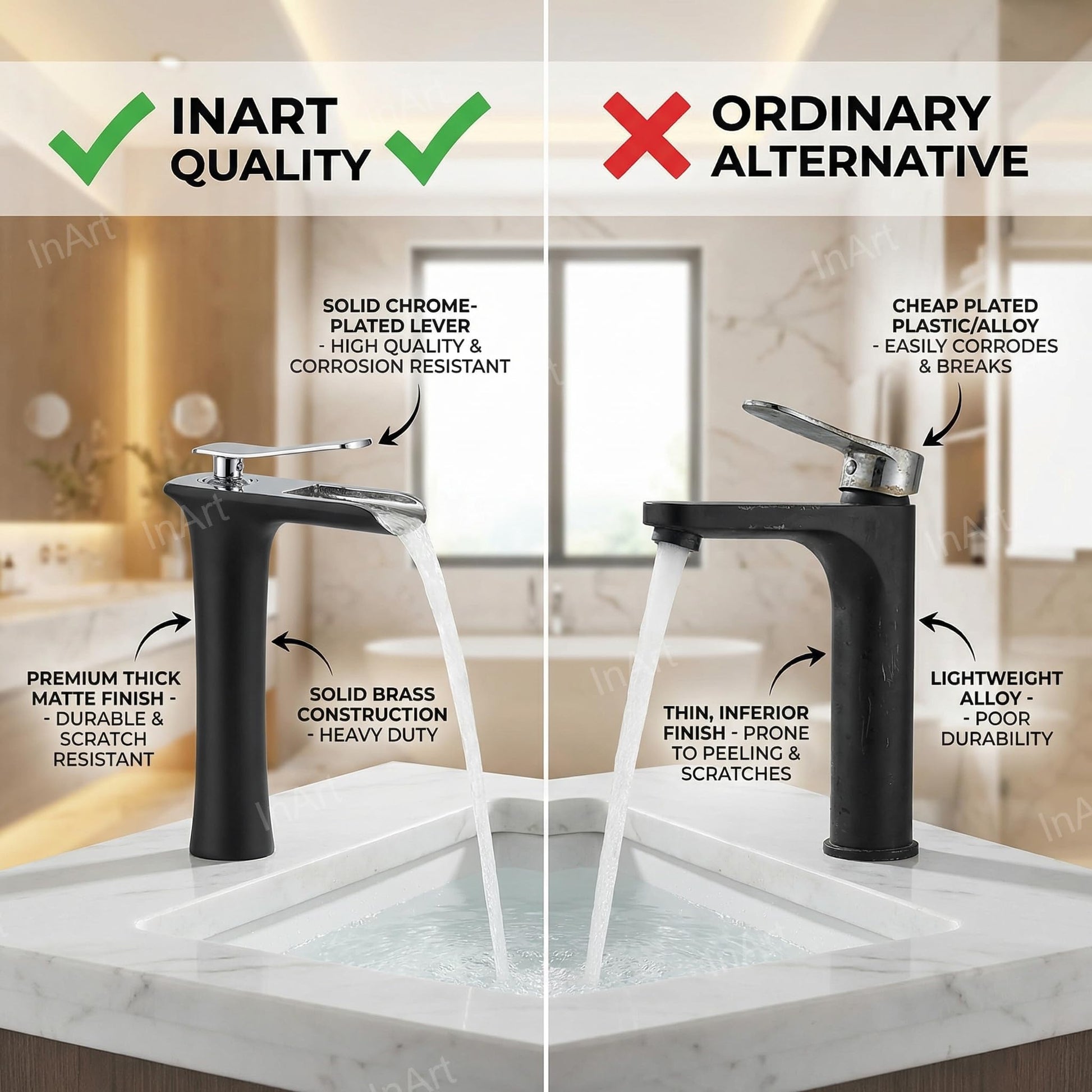 Black wash basin tap with single lever basin mixer design, brass body, close-up of aerator and spout