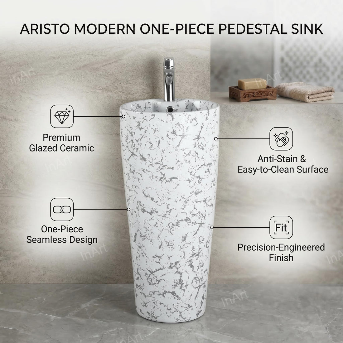 InArt ceramic round pedestal wash basin design in glossy white marble finish, front view
