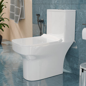 Cera single piece commode by InArt in glossy white ceramic, elongated one-piece western toilet front view