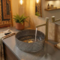 Glass wash basin design in washroom interior, InArt square tempered glass basin in black silver finish