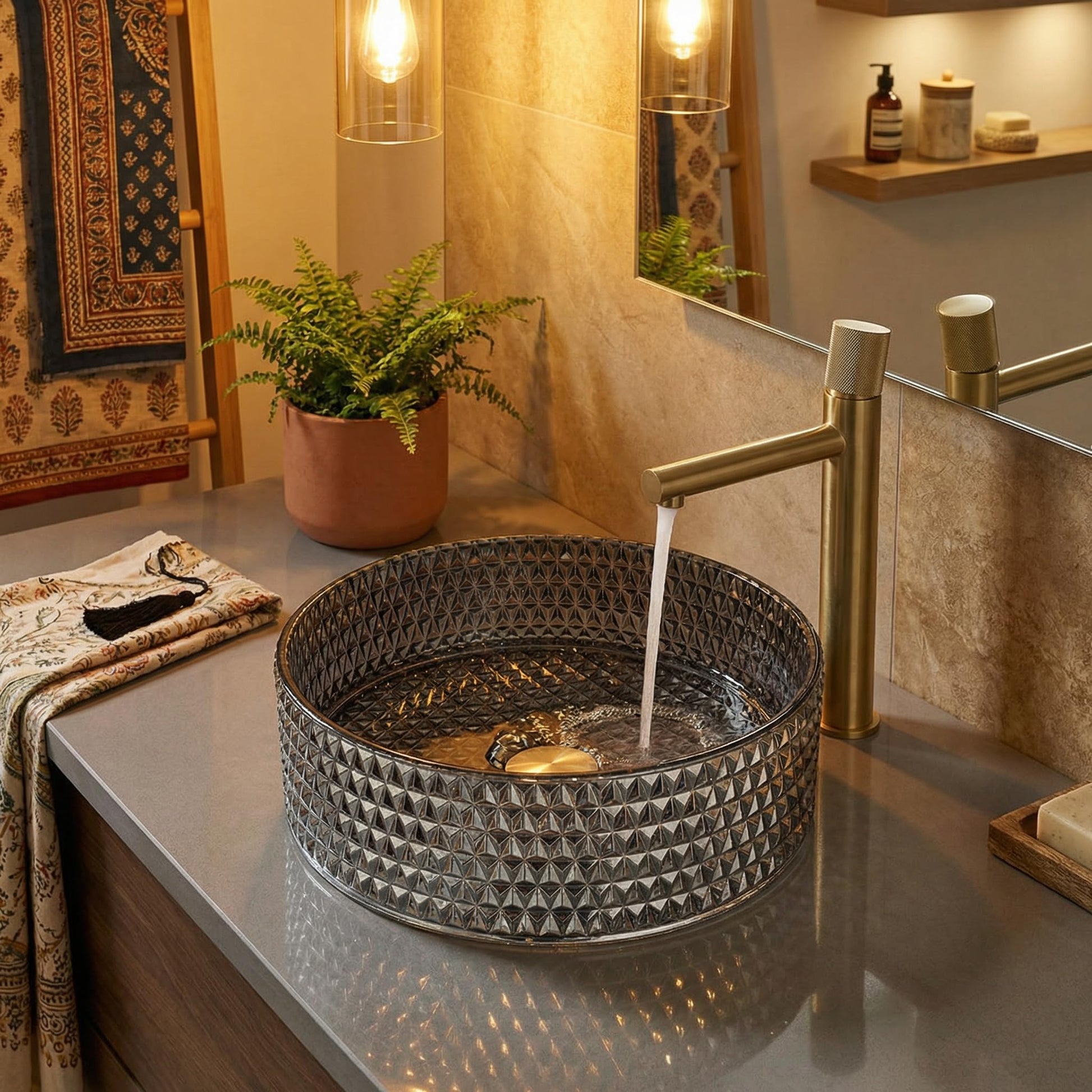 Glass wash basin design in washroom interior, InArt square tempered glass basin in black silver finish