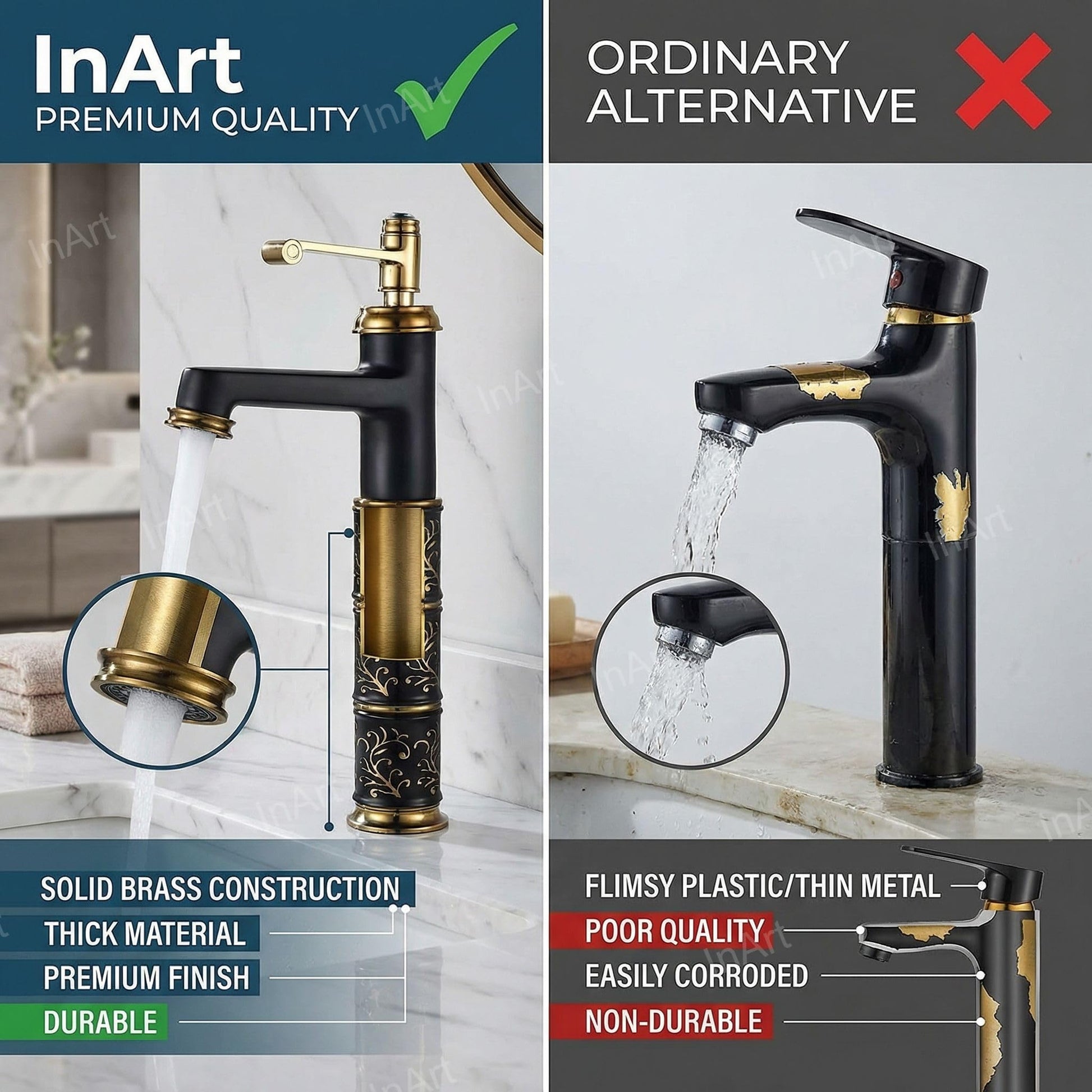 InArt brass basin mixer tap with high neck spout, smooth single lever operation for bathroom wash basin