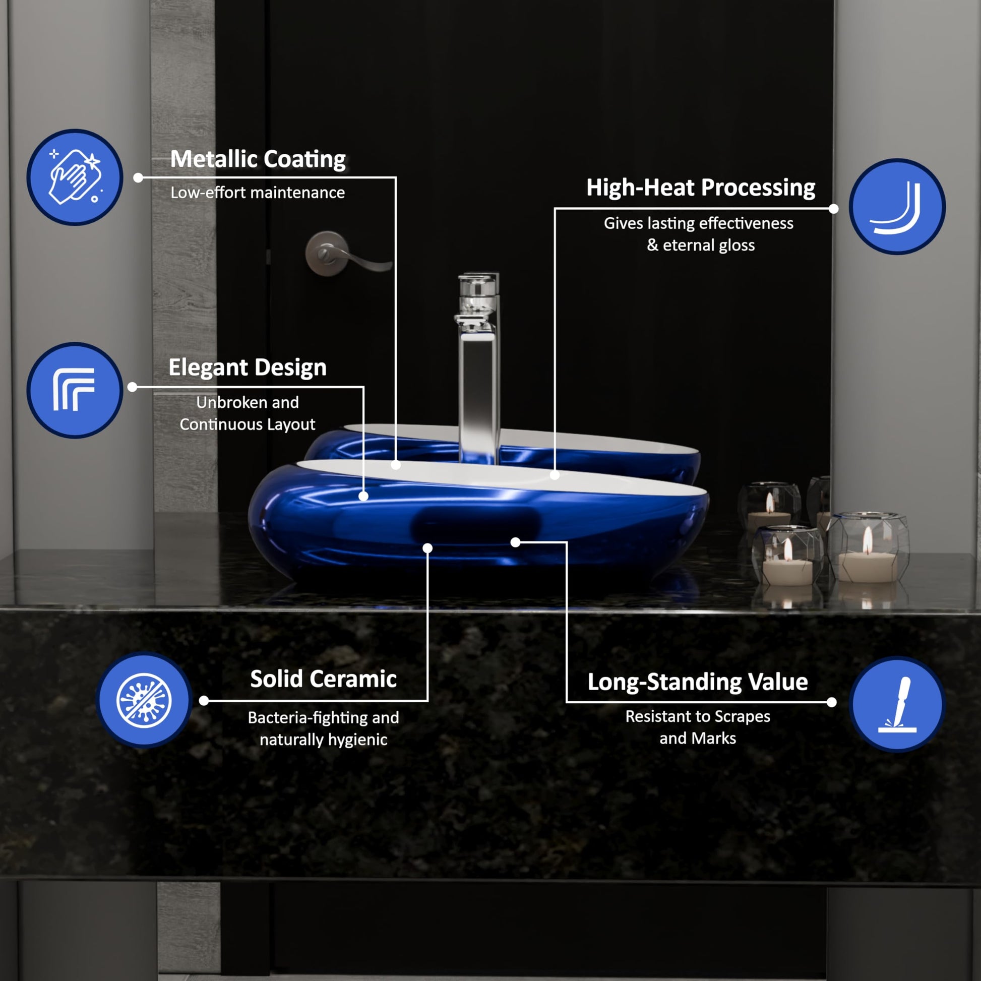 Modern washing basin for bathroom, oval blue ceramic table top wash basin side angle