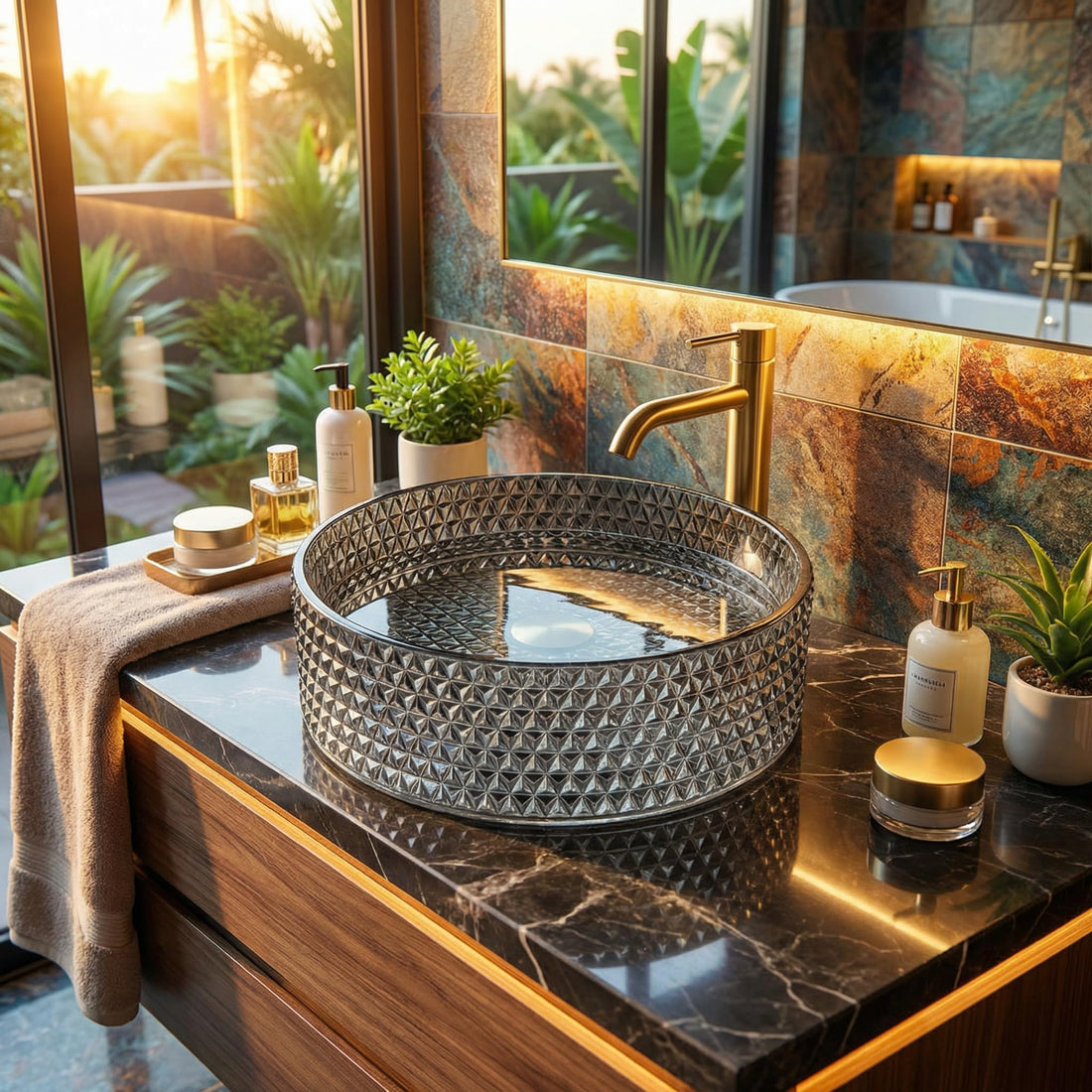 InArt luxury wash basin in tempered glass, square table top design in glossy black silver