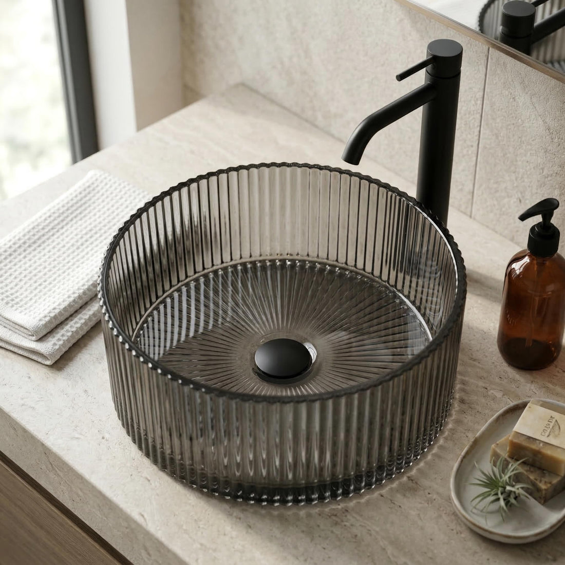 InArt glass design wash basin in glossy black tempered glass, square table top bathroom sink