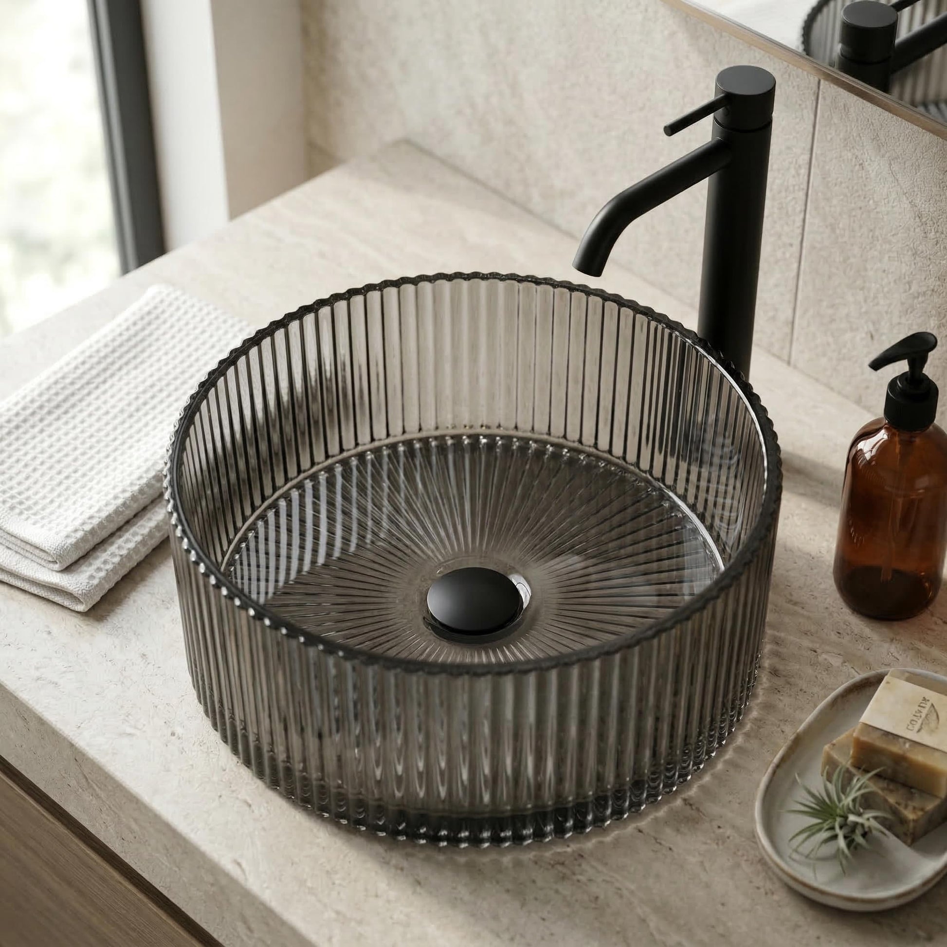 InArt glass design wash basin in glossy black tempered glass, square table top bathroom sink