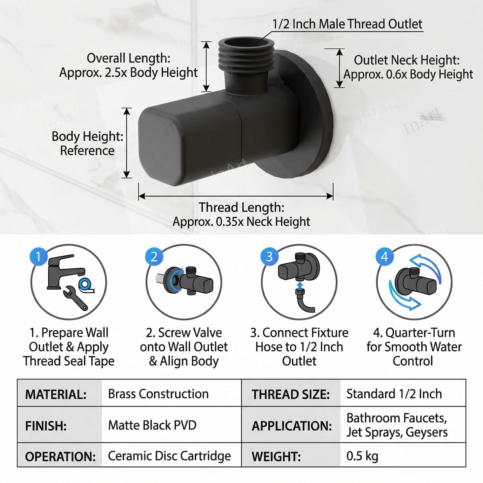 Angle valve for kitchen sink tap, matt black brass single way angle cock with wall flange
