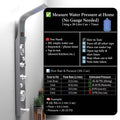 InArt LED shower panel tower with rainfall and waterfall modes, close-up of brushed chrome finish on steel
