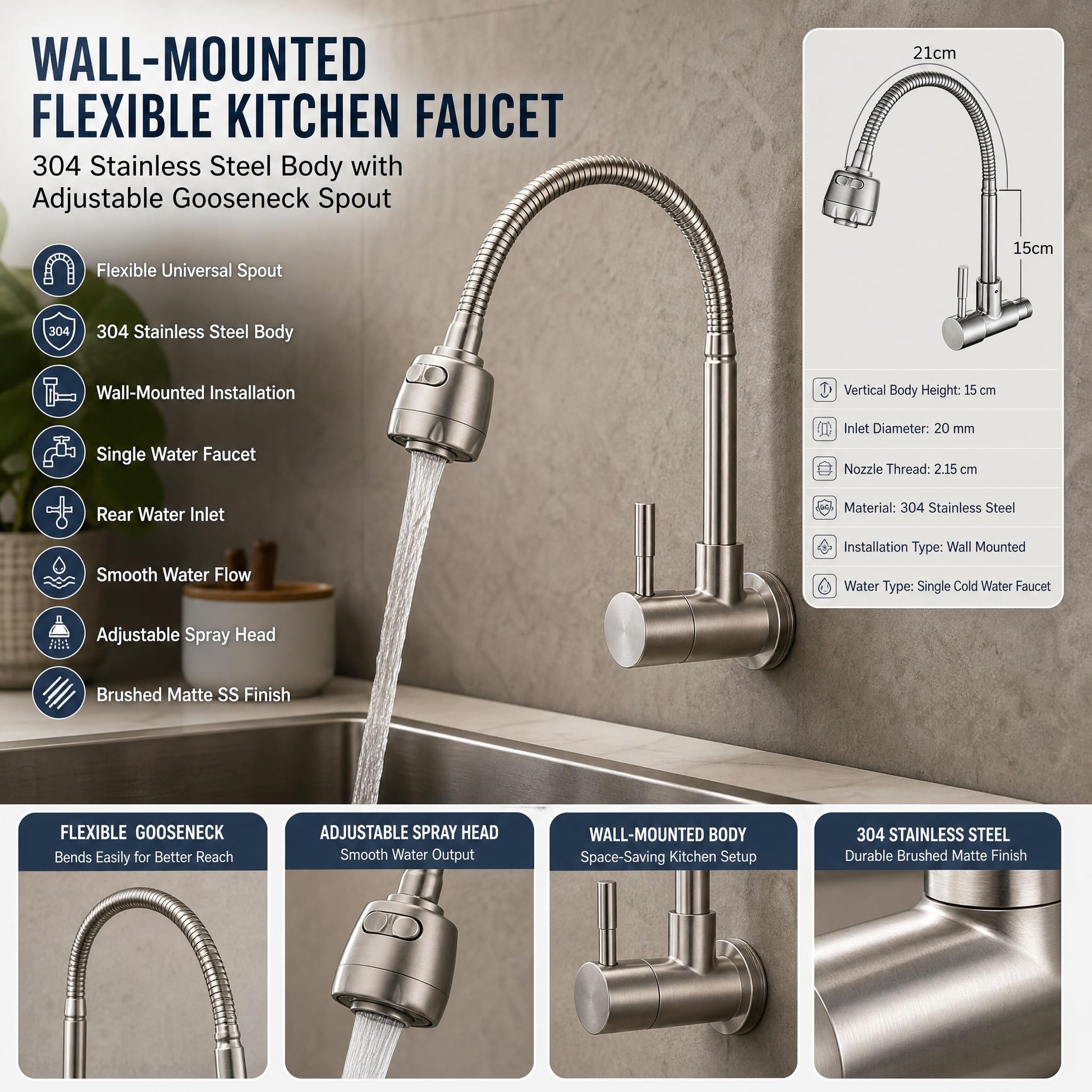 Anti-splash outlet view of wall mounted stainless steel kitchen tap