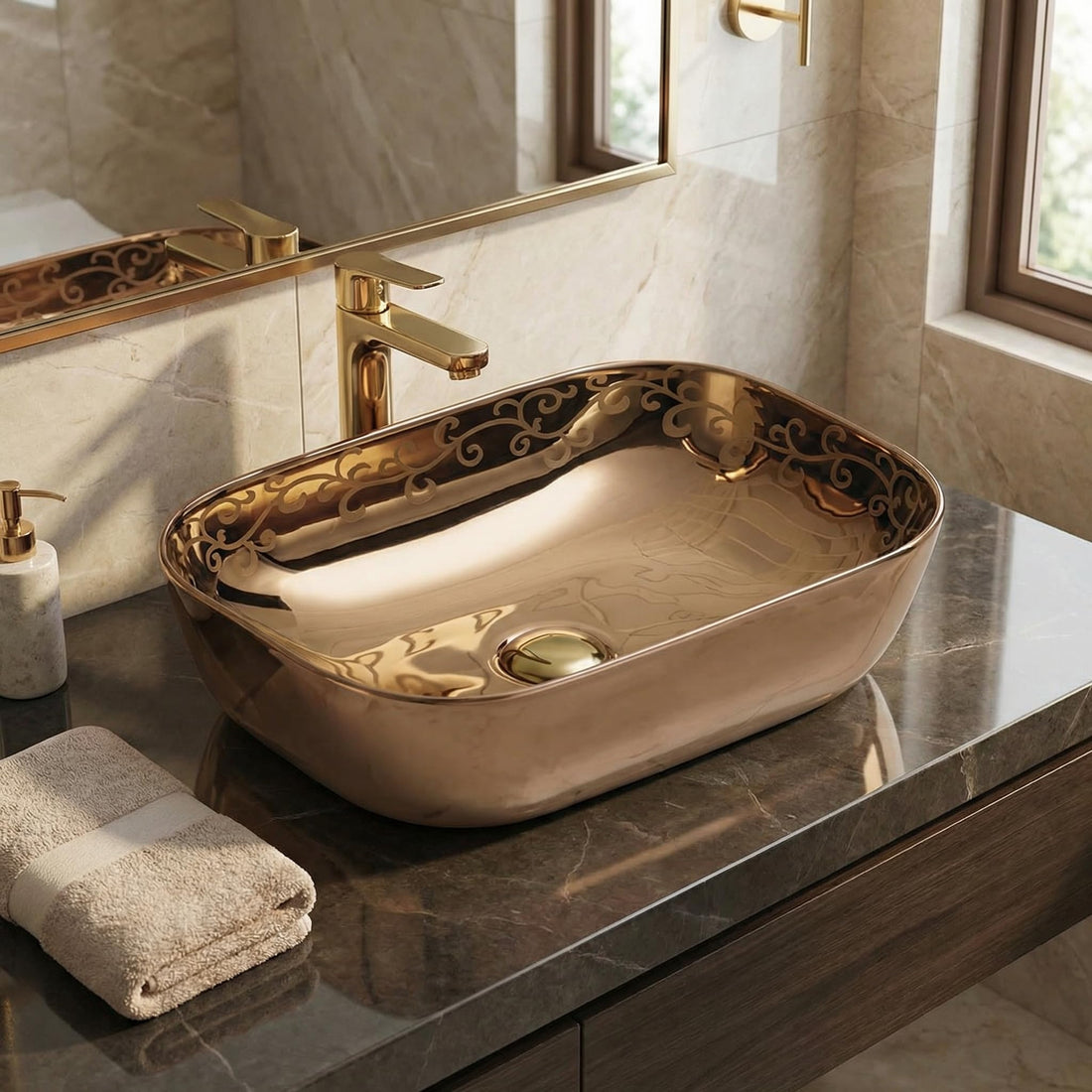 InArt ceramic table top wash basin, rectangular rose gold finish, modern counter top basin front view