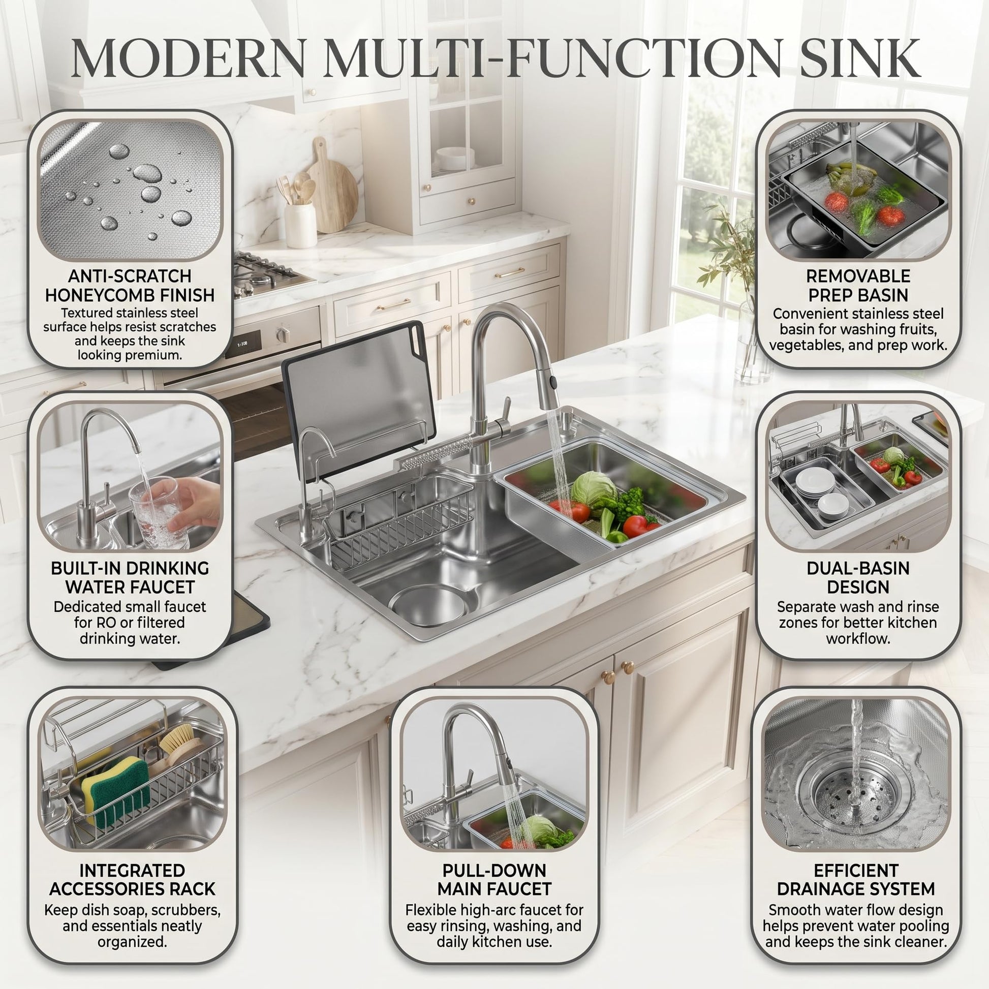 Tap water filtration system ready kitchen sink set with under-sink drain pipe kit, 75x46 cm double bowl layout