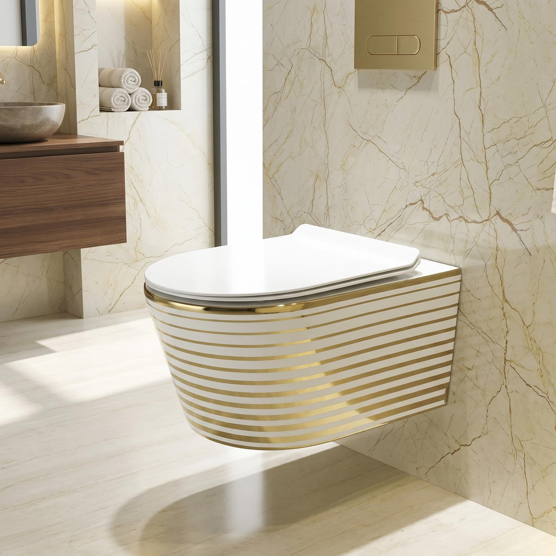 Hindware wall mounted commode style InArt ceramic oval wall hung WC in white and gold, front view