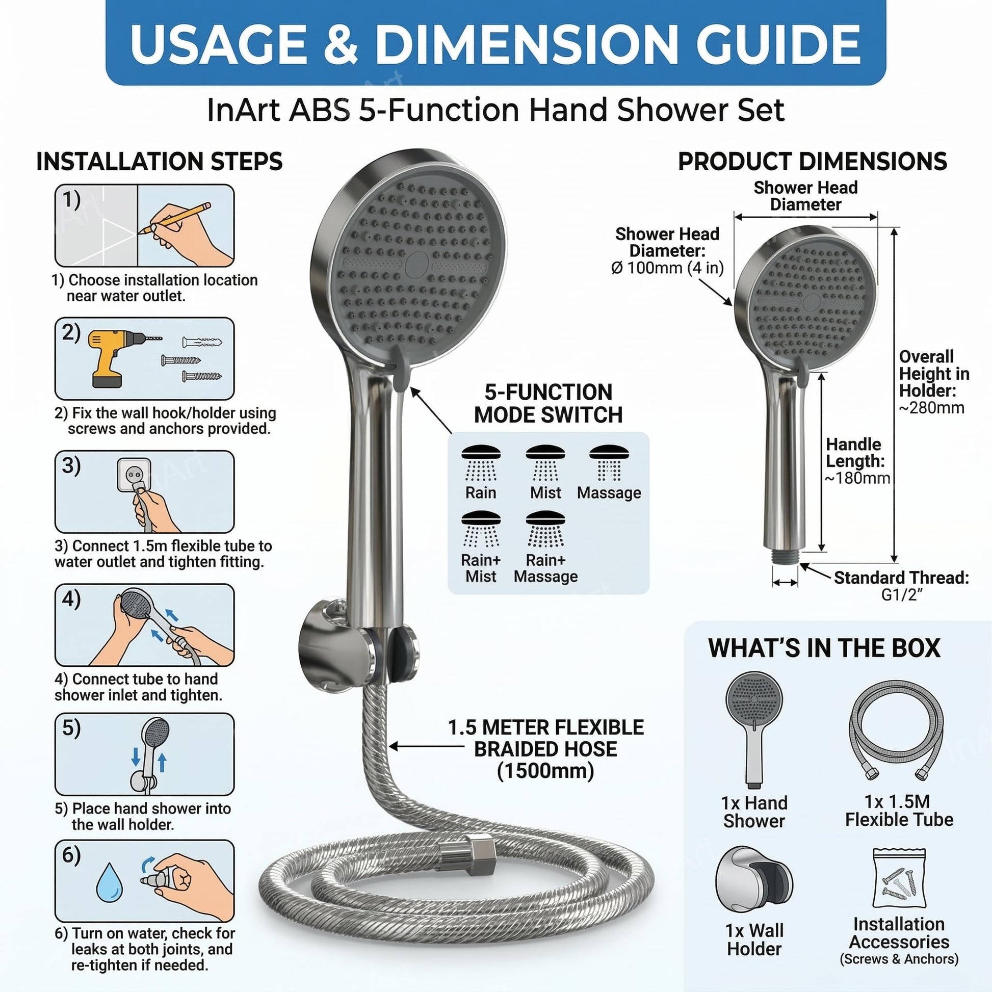 Bath hand shower set with chrome finish ABS round handset and hose, ideal for modern bathroom use