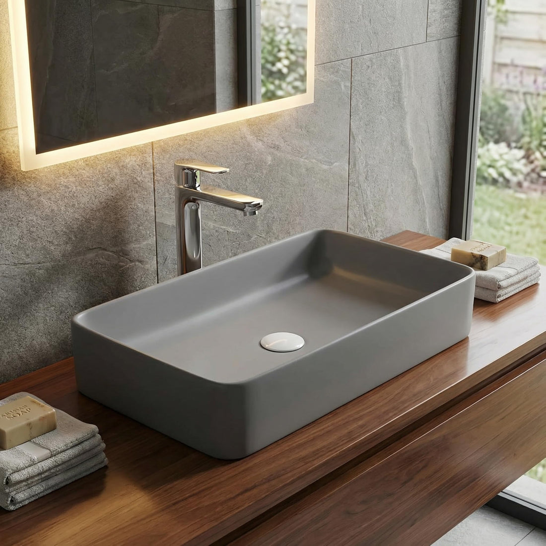 InArt ceramic table top wash basin, matt grey rectangular counter top basin, 60x34cm front view