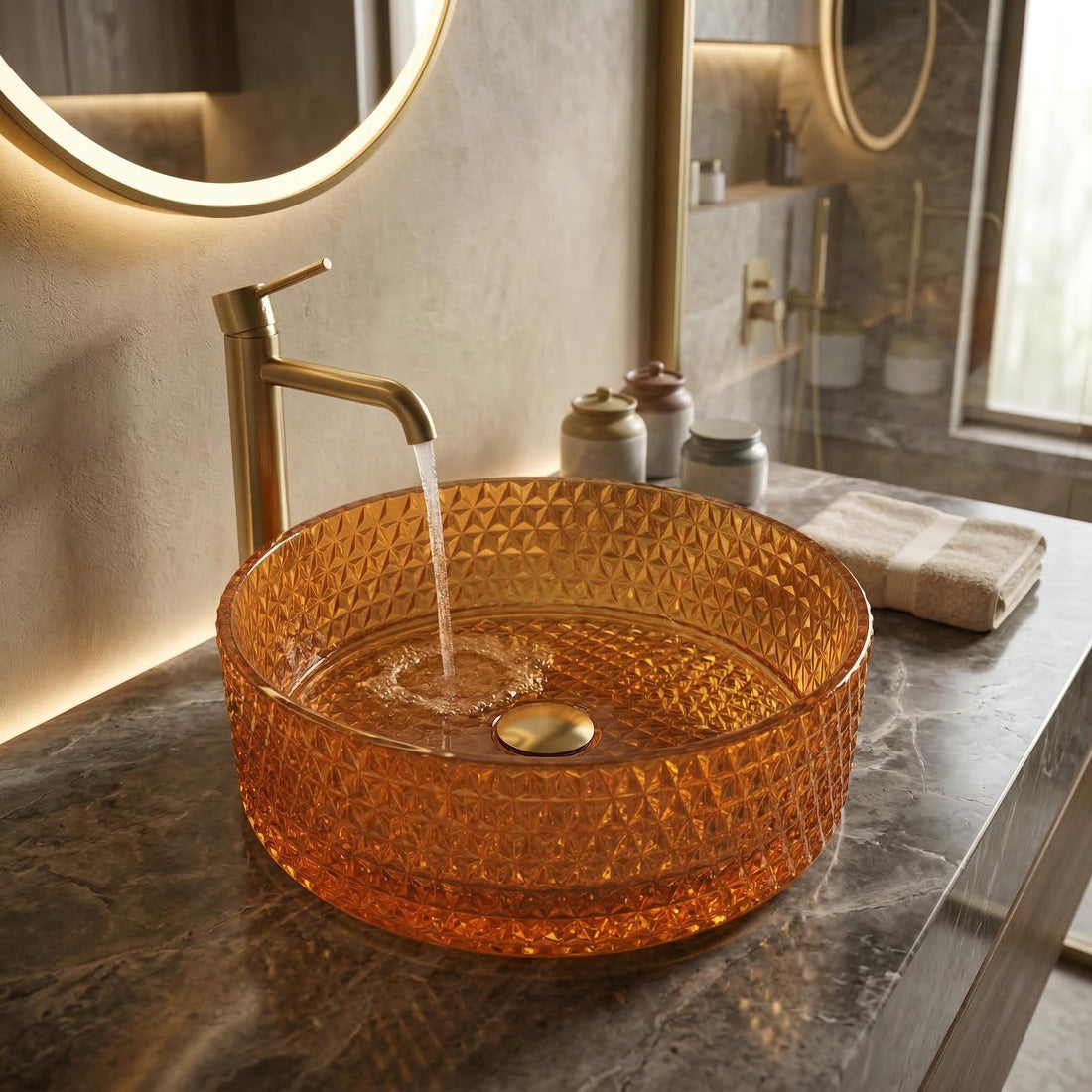 InArt wash basin waste coupling compatible amber round glass table top wash basin, front view