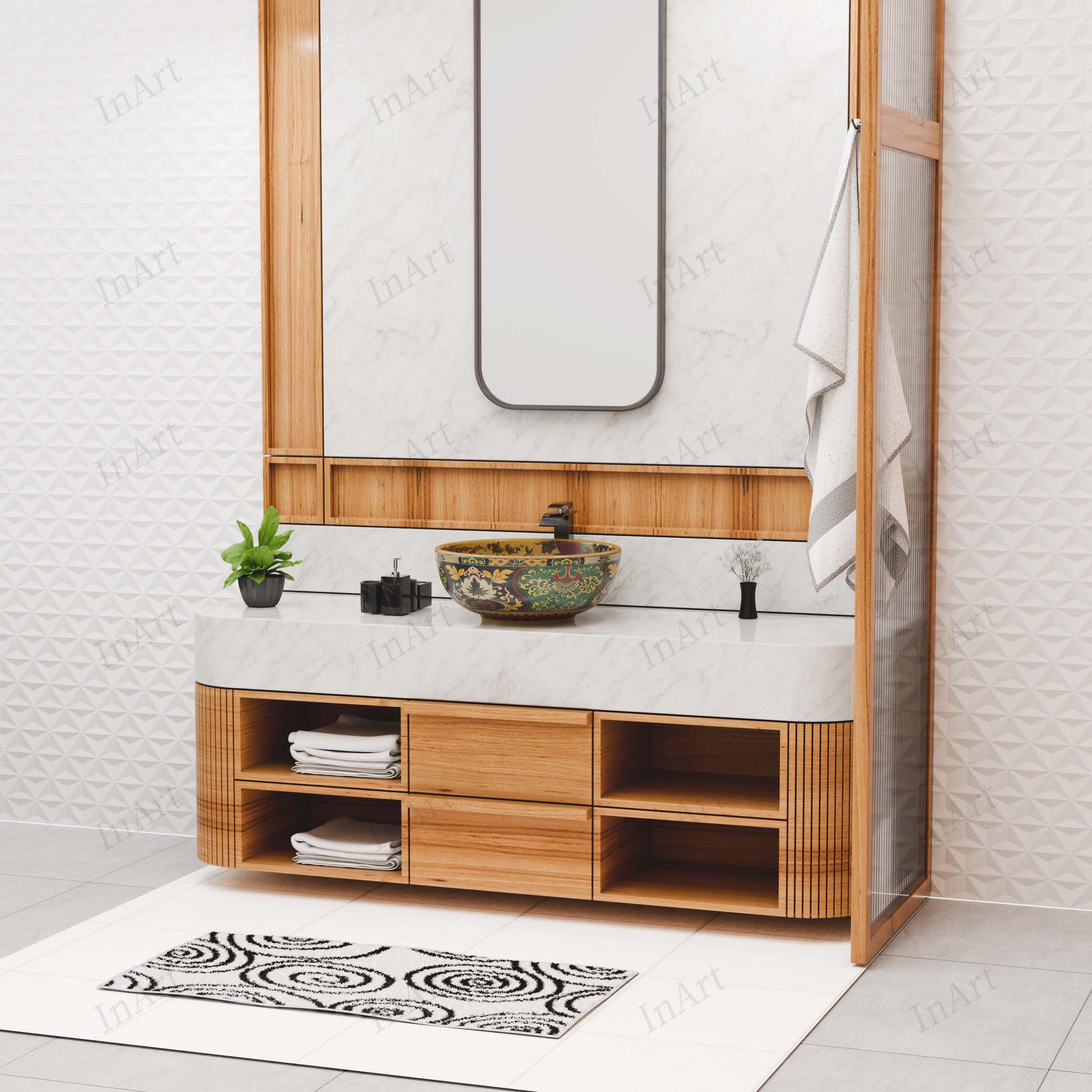 Modern contemporary bathroom sinks look with round table top wash basin, multicolour Moroccan design, side angle