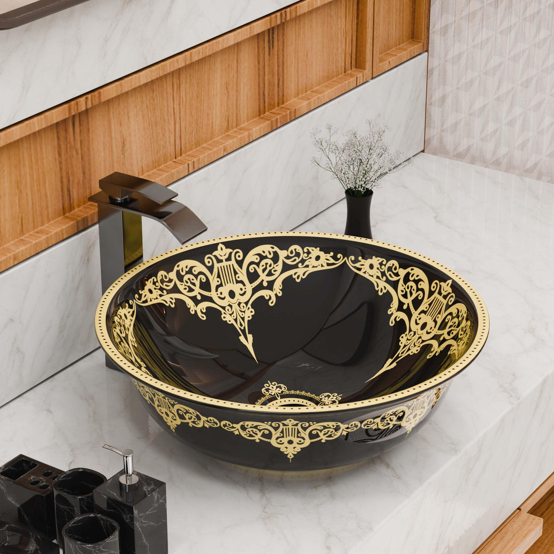washbasindesign InArt ceramic square table top wash basin in black gold finish, front view