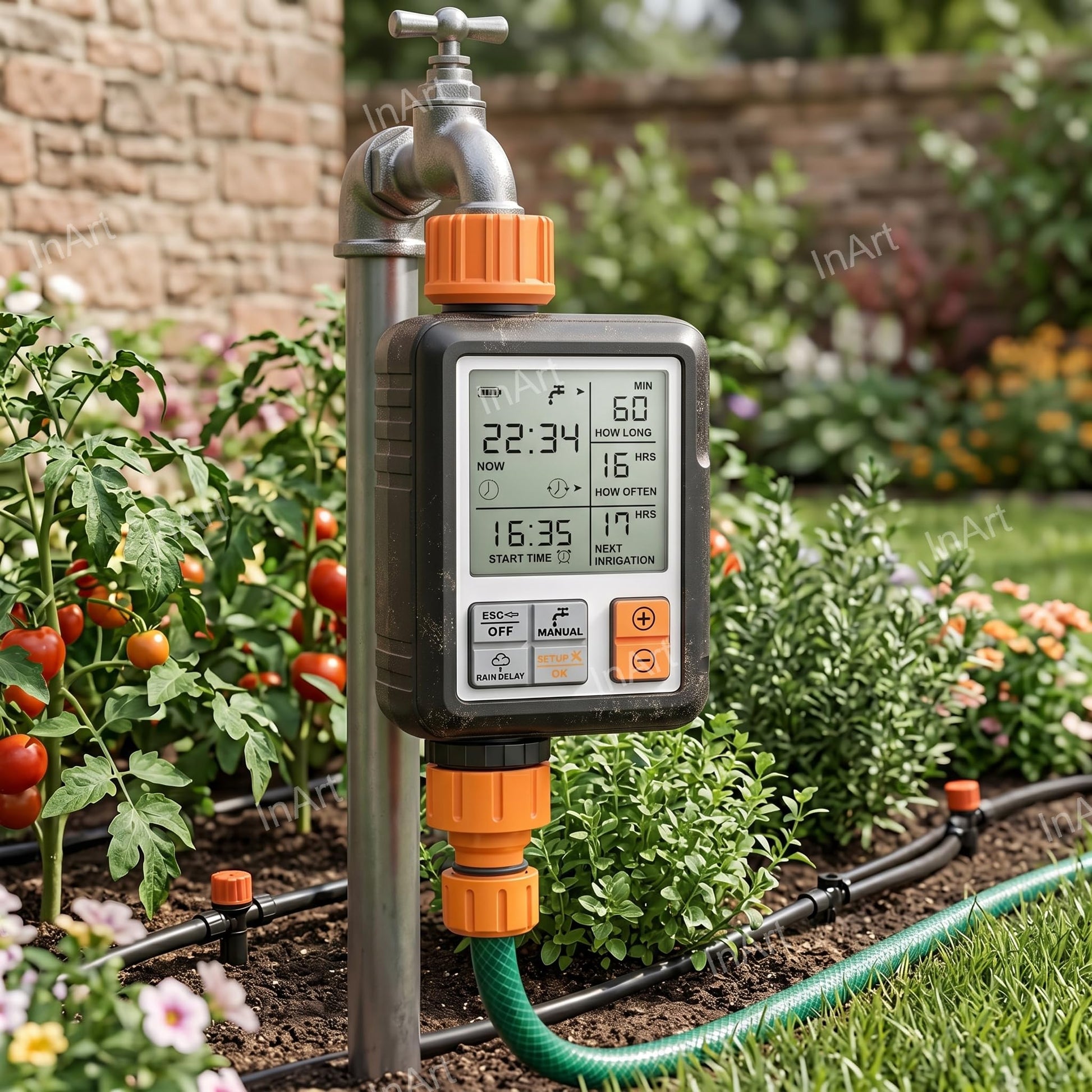 Garden watering timer connected between tap and drip irrigation pipe